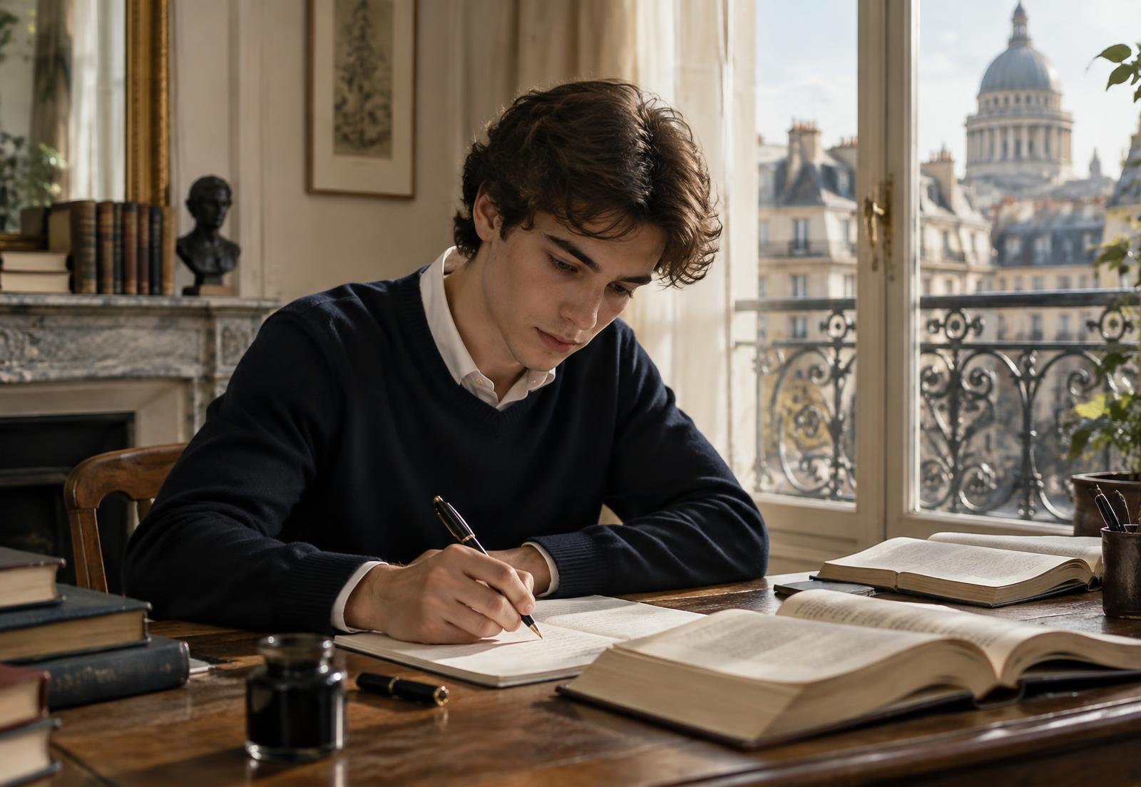 Student writing a French essay by a Parisian window
